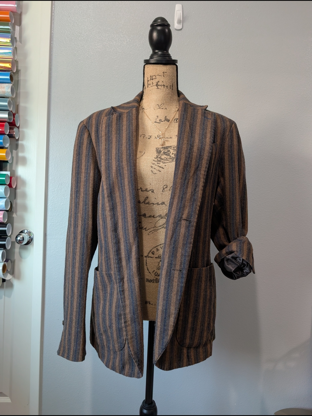 Striped Brown & Blue Open-Front Blazer